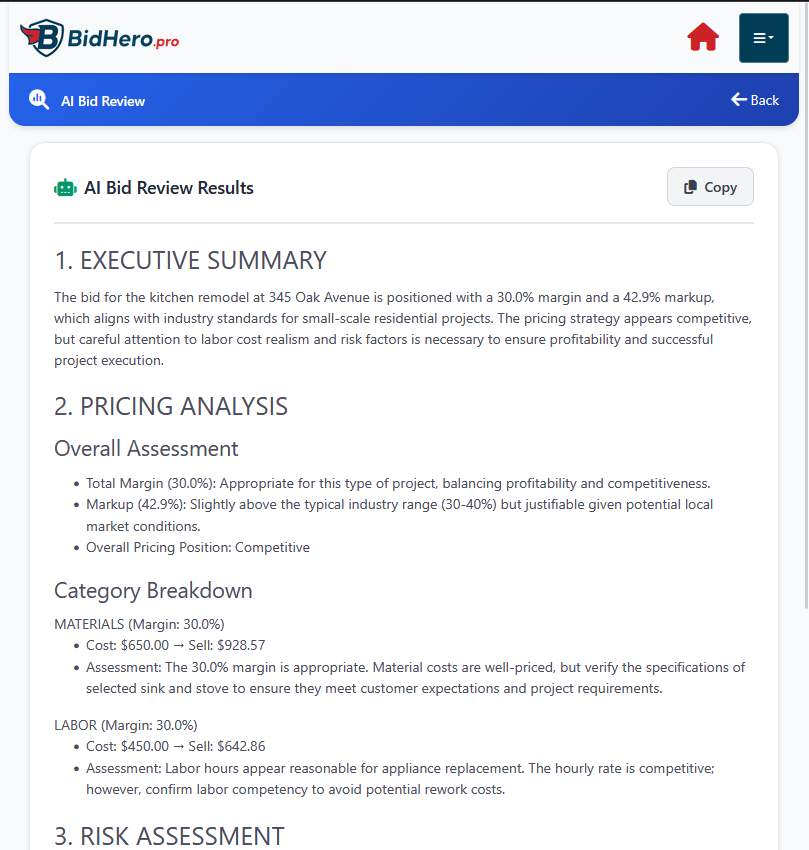 BidHero AI Bid Review - Comprehensive bid analysis with pricing, margins, and risk assessment