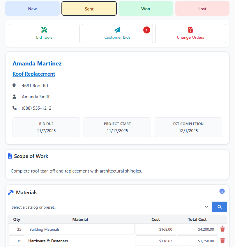 Contractor creating bid in BidHero