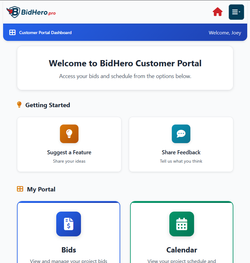 BidHero Customer Portal Dashboard - Bids and Calendar Access